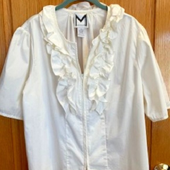 Marc Bouwer Ruffled Solid White Short Sleeve Blouse Cotton Blend Sz: XL - Picture 1 of 4